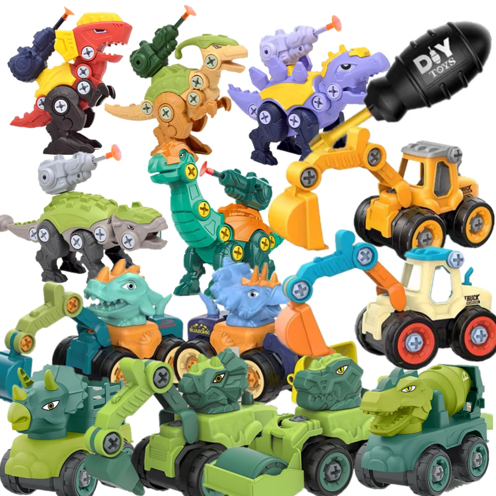 Children's Educational Dinosaur & Vehicle DIY Toy Set - Handcrafted Excavators, Rollers, T-Rex & Triceratops