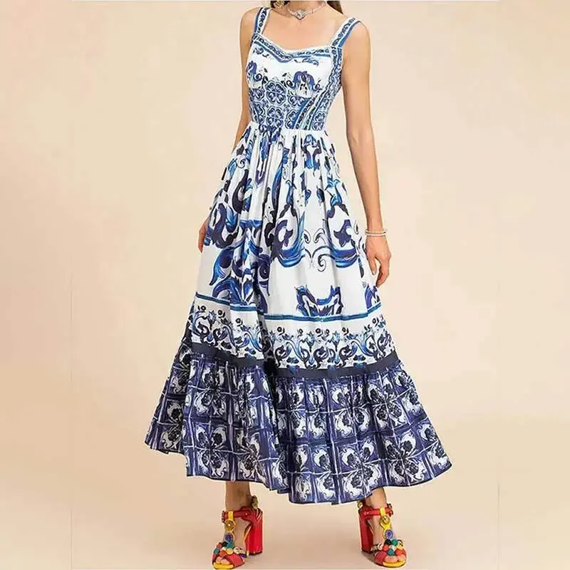 thumbnail image 1 of Vestidos de playa de estilo bohemio de verano para mujer, vestido de tirantes finos con estampado a media pierna, 1 of 5
