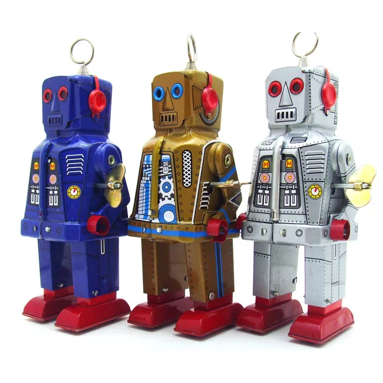 [Divertente] Collezione Classica Retro Clockwork Wind Up Metal Walking Tin Space Robot Key Wrapped Motor Toy Regalo Di Natale Meccanico