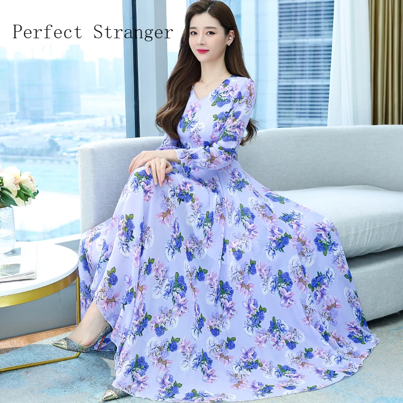 Spring Summer Vestido Maxi Dresses For Women 2022 Long Sleeve Vestito Floreale Casual Chiffon Robe De Fiesta - Dresses - AliExpress