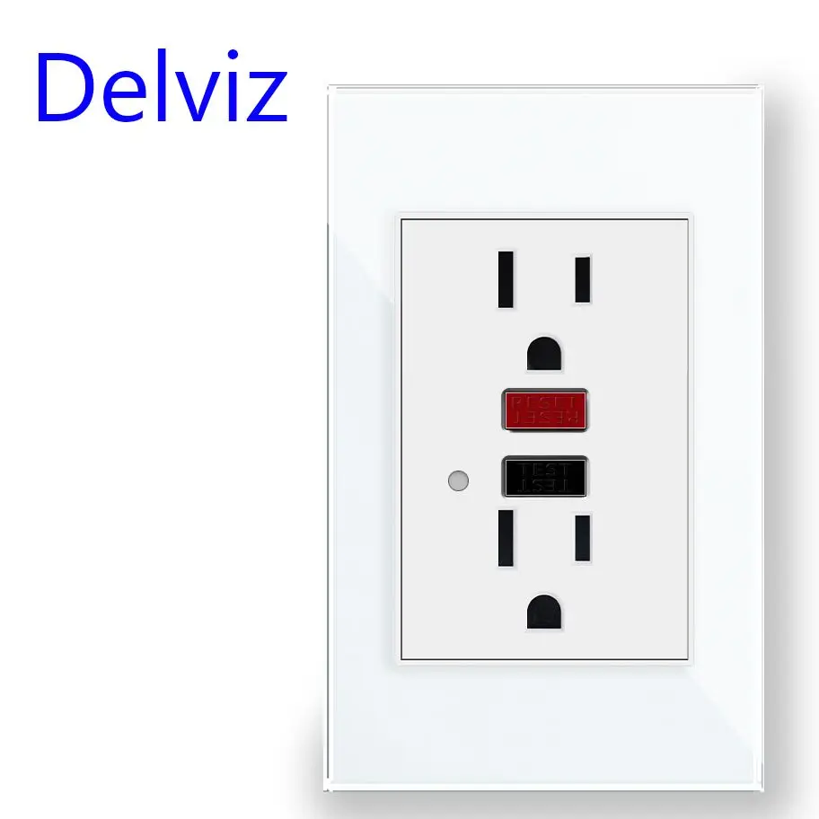 Delviz 120×72mm GFCI Leakage Protection Wall Socket, 15A/20A Electrical Safety Power Outlet with Test & Reset, Glass Panel