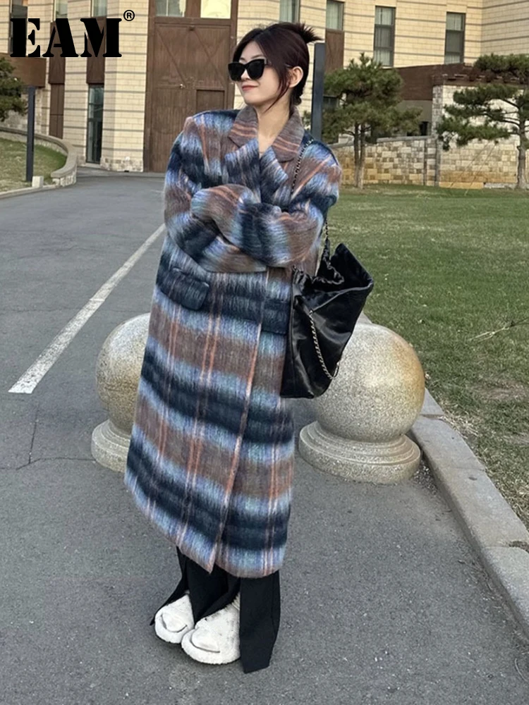 

[EAM] Loose Fit Blue Plaid Color-block Woolen Coat Parkas New Long Sleeve Lapel Women Fashion Tide Autumn Winter 2024 1DF3551