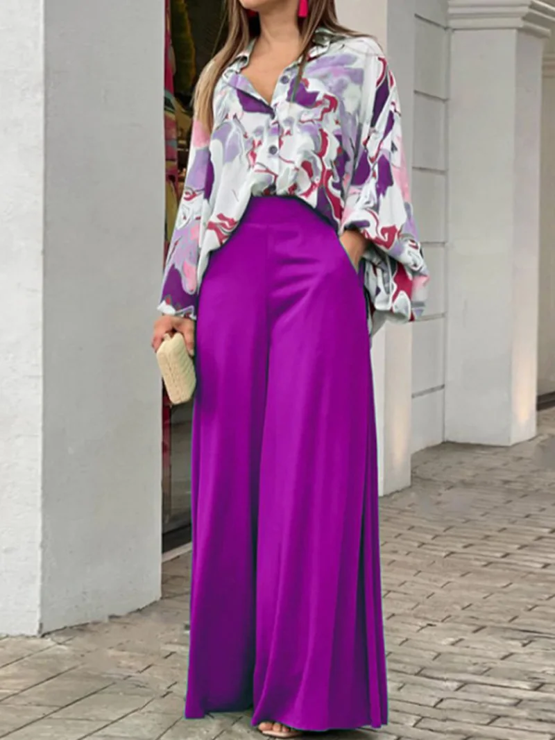 2023 New European and American Women's New Print Casual Suit Loose Large Polo Shirt High Waist Wide Leg Pants 2 Piece Set