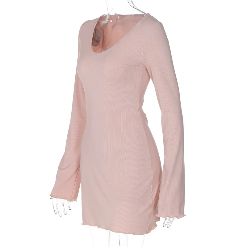 Minivestidos lisos de canalé con cuello redondo y manga larga, ropa de calle Y2K, venta al por mayor, elegante atuendo informal de verano para mujer