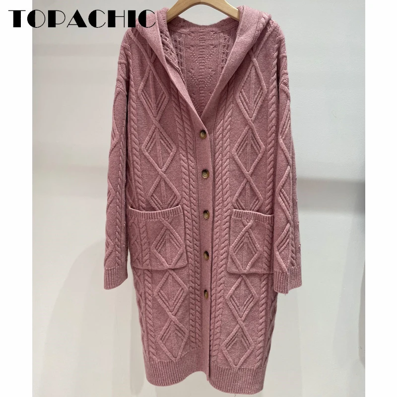 

11.27 TOPACHIC Women's Temperament Argyle Hooded Cashmere Knitted Cardigan Button Pocket Mid Length Sweater