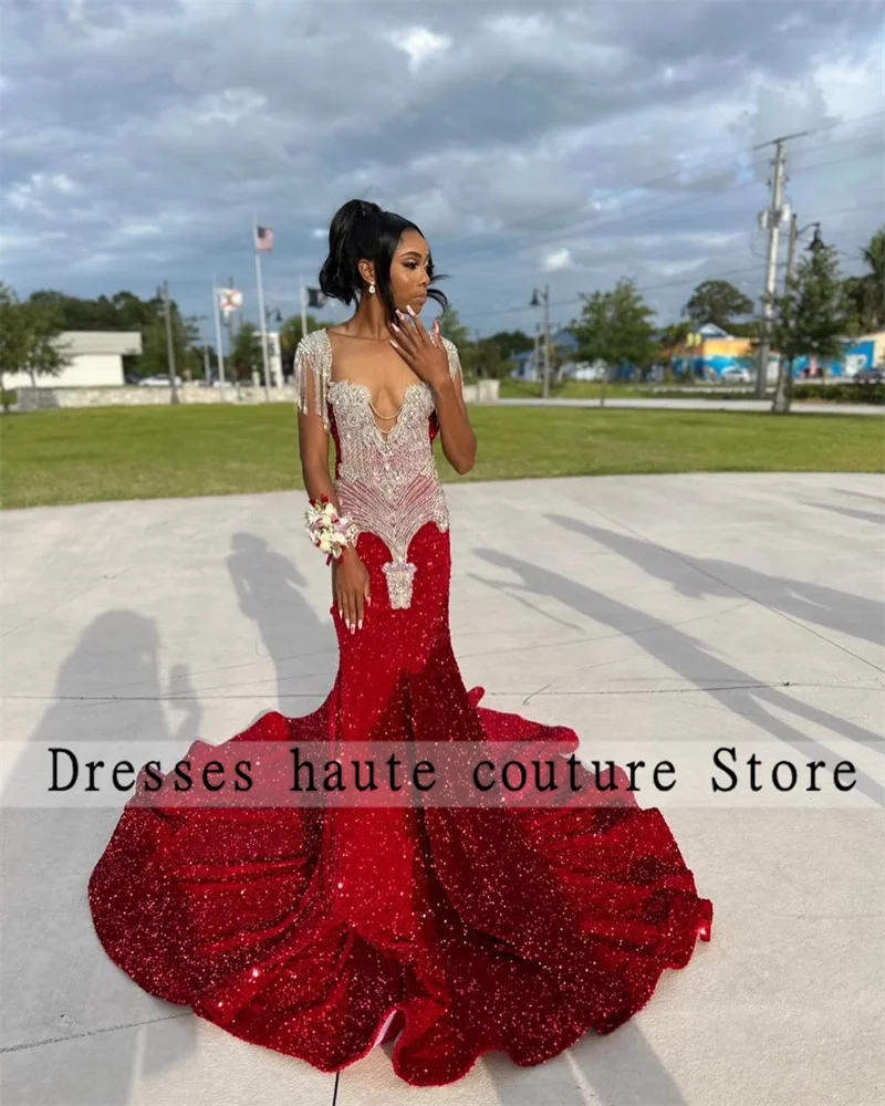 

Luxury Red Sheer Neck Mermaid Prom Dresses 2023 For Black Girls Beaded Crystal Tassels Party Dress Evening Dresses Robes De Bal