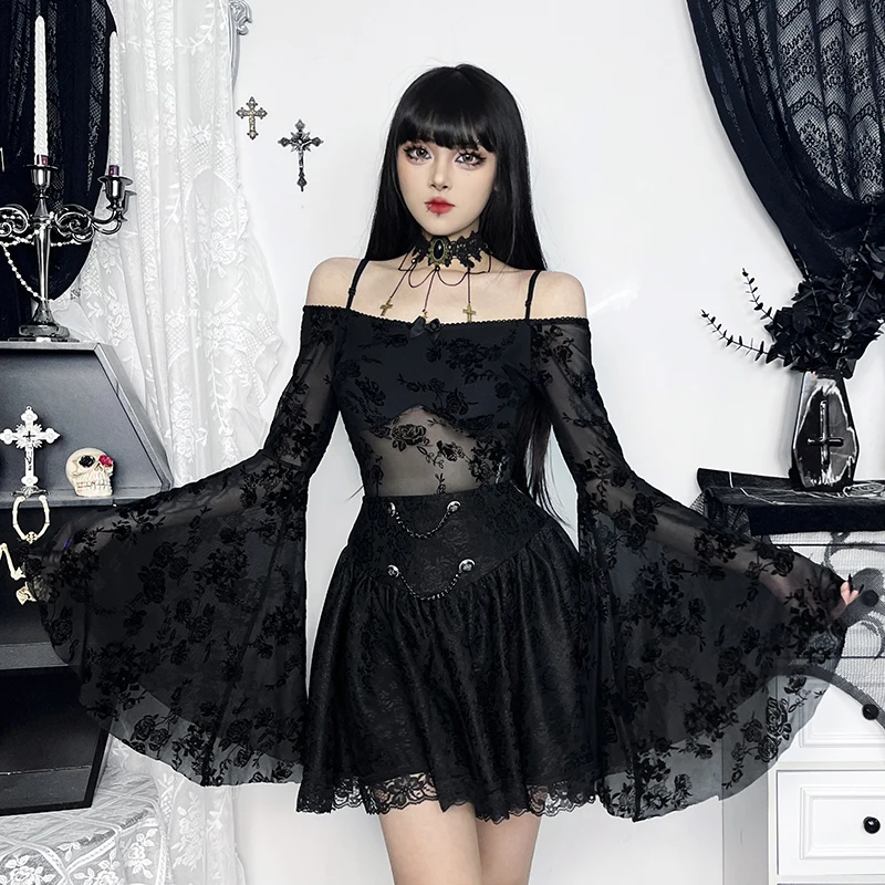 Gothic Black Floral Print Lace Trim A-Line Mini Skirts for Women Y2K Vintage Aesthetic High-waist Chains Short Skirt Streetwear