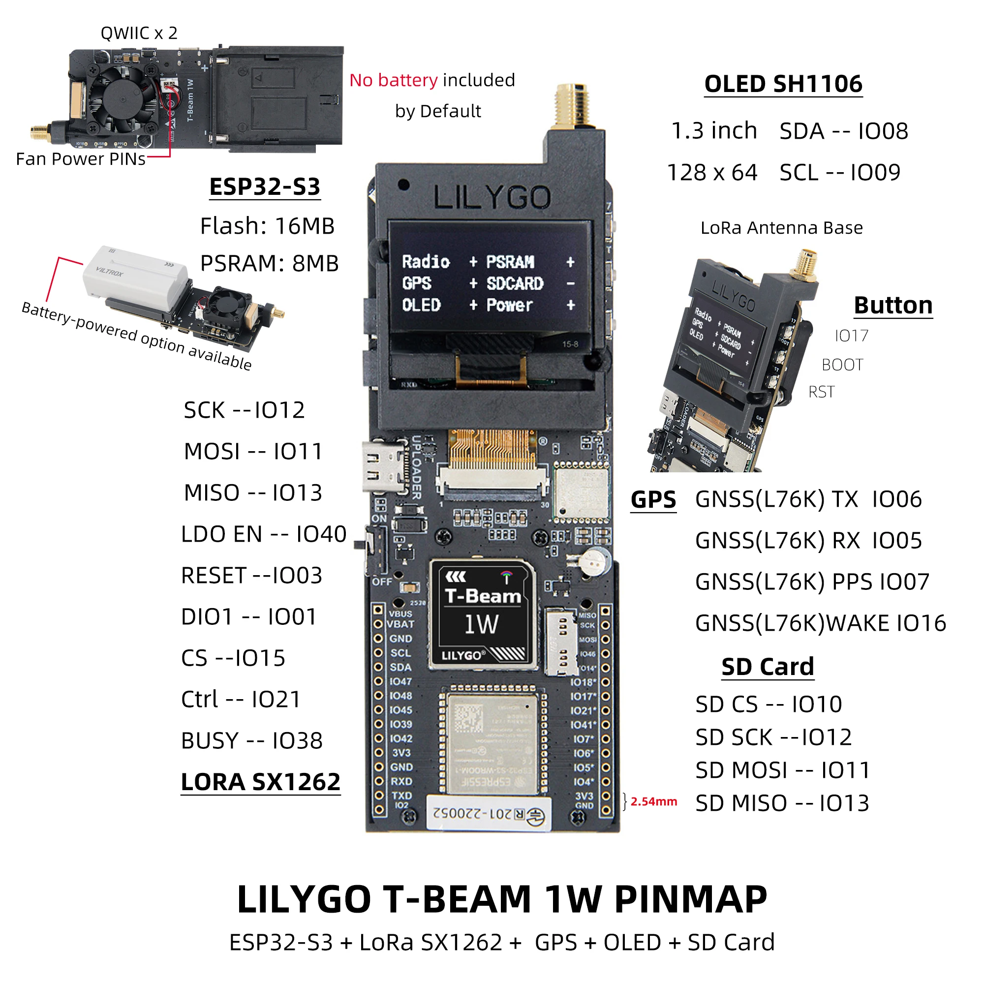 T-Beam 1W ESP32-S3 LoRa Module SX1262 830–945MHz with 1.3" OLED & GPS Compatible