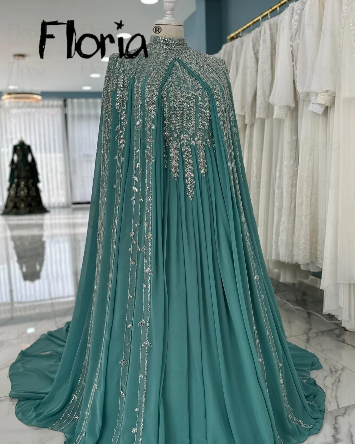 strapless open back dress Nude Luxury Long Sleeves Muslim Evening Dresses with Cape SS369A Pink / 18