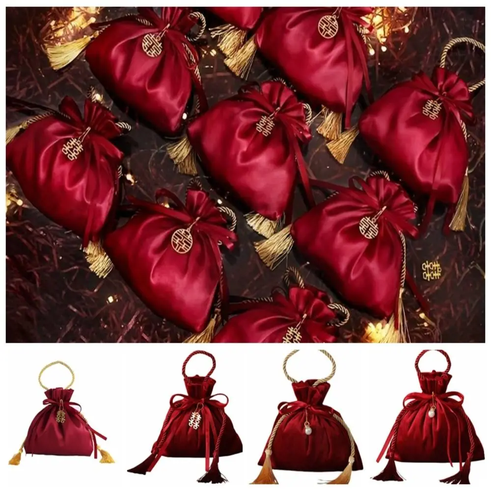 

Velvet Drawstring Candy Bag Wine Red With Drawstring and Tassels Chinese Traditional Wedding Gift Bag Non-woven Fabrics
