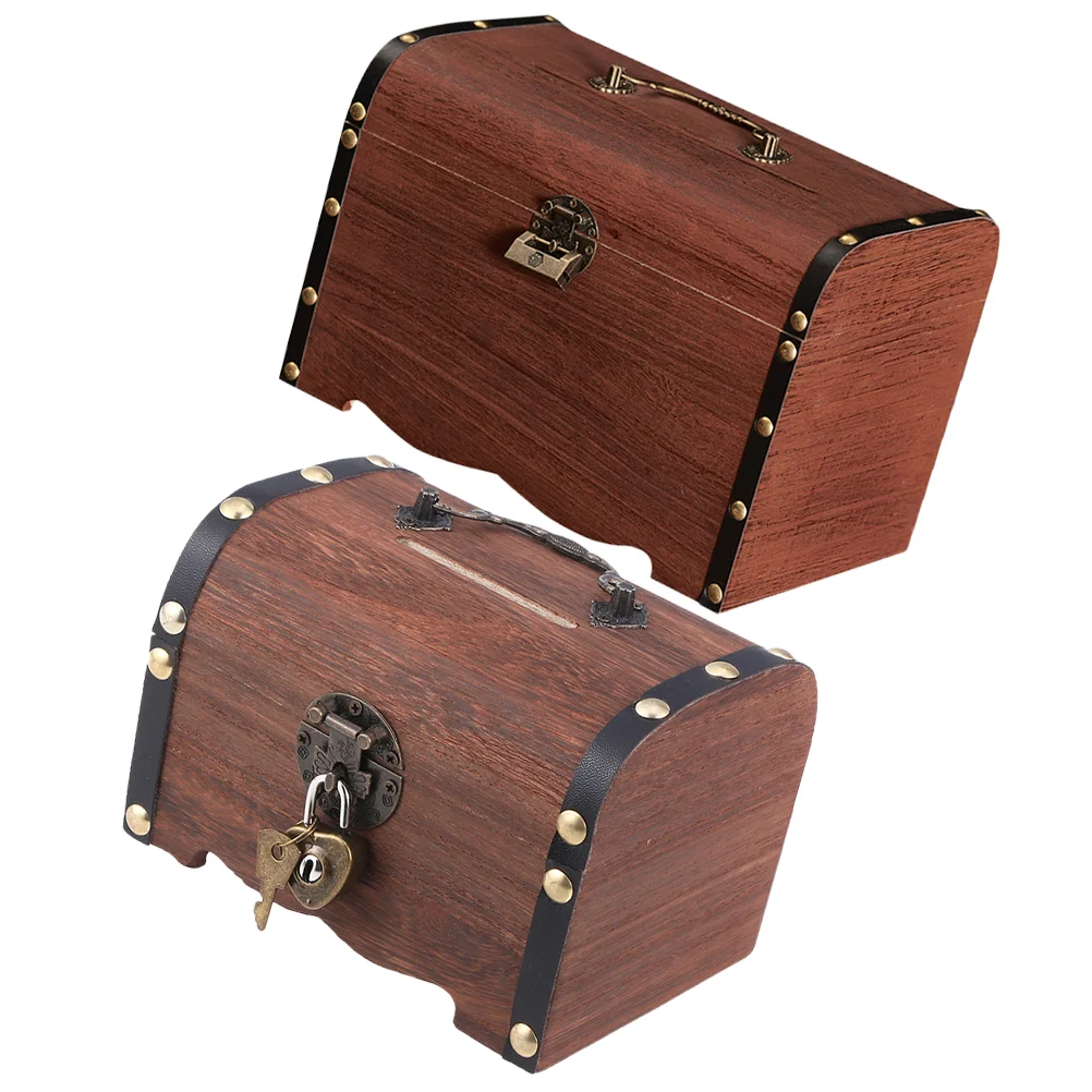 

2Pcs Wooden Treasure Chest Piggy Bank Retro Money Saving Box Trinket Case Jewelry Organizer