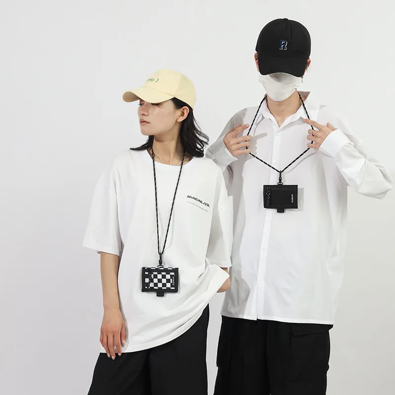 Unisex Coin Purses New Japanese Harajuku Trendy Plaid Hanging Neck Crossbody Wallets Simple Versatile Multifunctional Card Bags