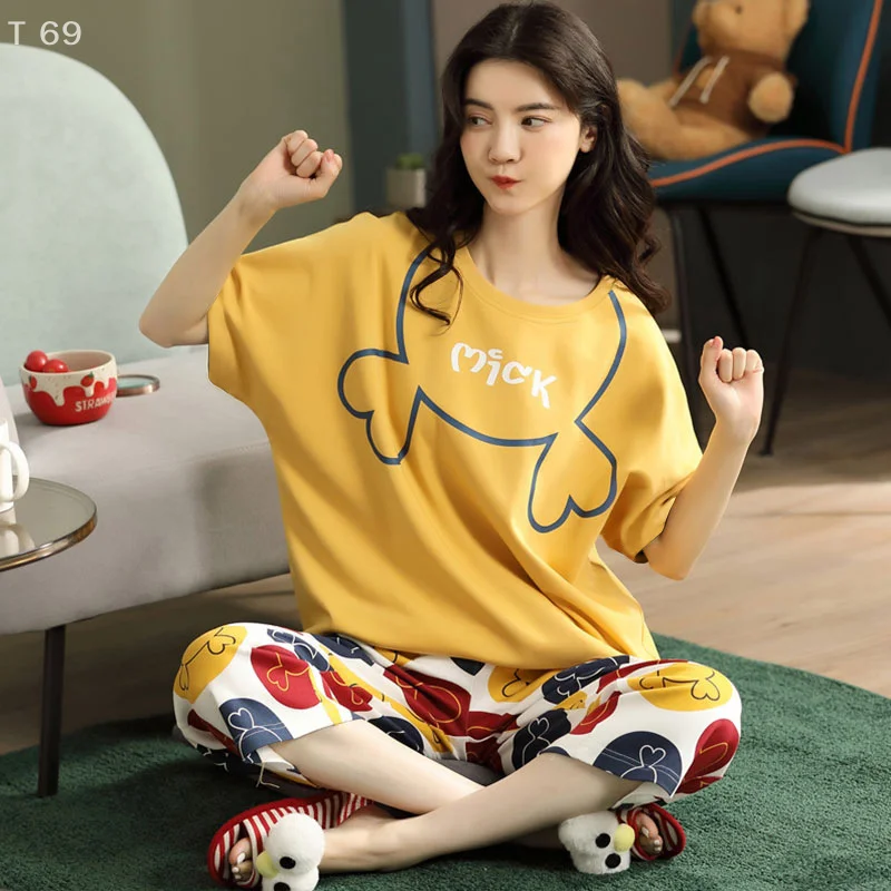 يمكن ارتداؤها خارج الصيف قصيرة الأكمام تنورة دعوى منامة المرأة عارضة رقيقة لطيف الكرتون ملابس المنزل