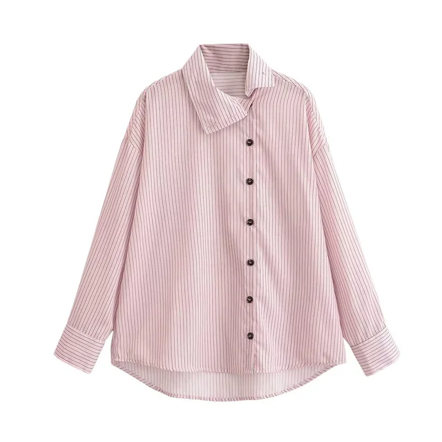 Chemise Femme Printemps 2026 Nouveau Style Rose Rayée Manches Longues Col Montant Boutonnage Simple Coupe Ample Décontractée Tendance Unique 1