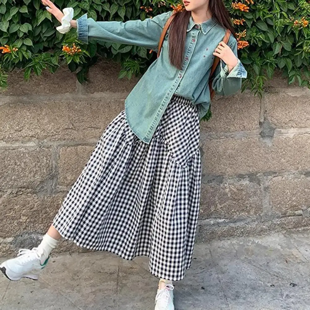Plaid Patterned Skirt Retro Style Plaid Print A-line Midi Skirt with Elastic High Waist for Women Vintage Swing Skirt for Wear