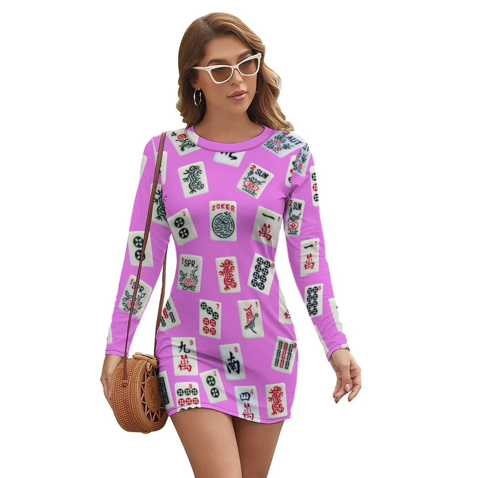 

Mahjongg game tiles design on pink color Long-sleeved Dress Dance dresses Aesthetic clothing women dresses
