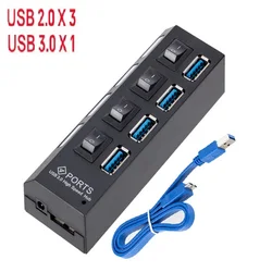 High - Speed USB 3.0 Hub with 4 or 7 Ports and External Power Adapter (4 Port HUB - USB Cable)