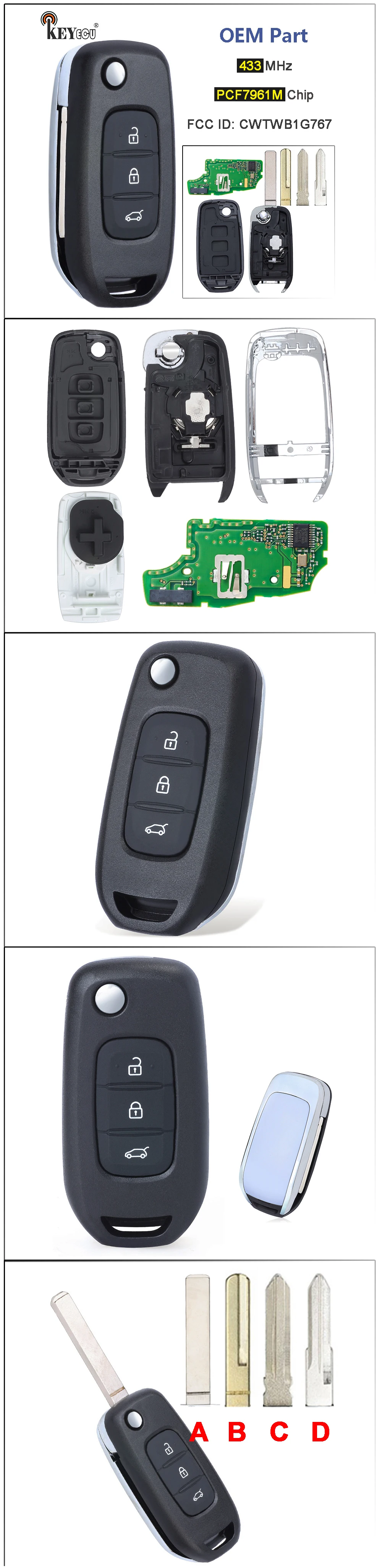 Keyforkess 433MHz muslimah Chip muslimoem Parts Flip Remote Key Fob per Renault Captur Kadjar Kaptur Logan 2 Megane 3 Symbol - Sf5c280864bf04823b4836b5c6e320ad4K
