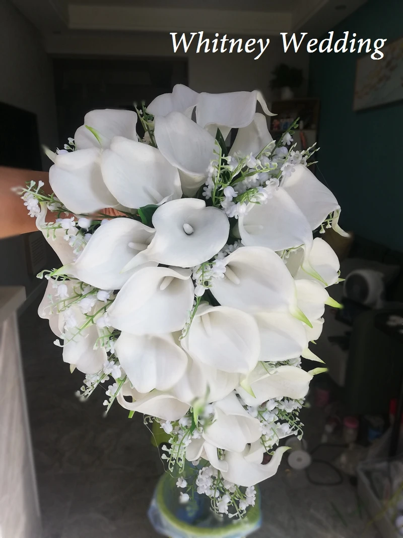 Bride Flowers Real Photos Ivory Calla Lilies with Convallaria Majalis Bouquet Mariage Cascading Bouquet Fleur Artificielle