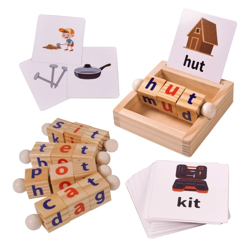 

Wood Block Spelling Game with Cards for Kids Montessori Learning Toy