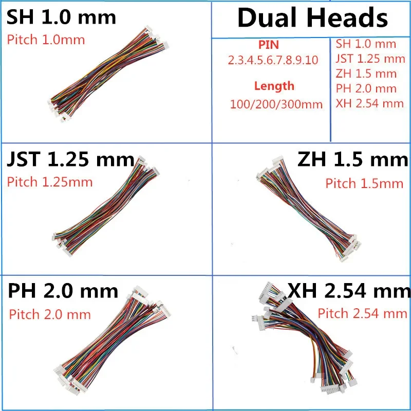 Sf5c2d8e629f74a9abd3251457d8db672p.jpg Connecteur de câble à double tête, SH1.0, JST1.25, ZH1.5, PH2.0, XH2.54, pas JST 1.0, 1.25, 1.5, 2.0, 2.54mm, 2 broches, 3 broches, 4/10 broches, femelle, 10 pièces