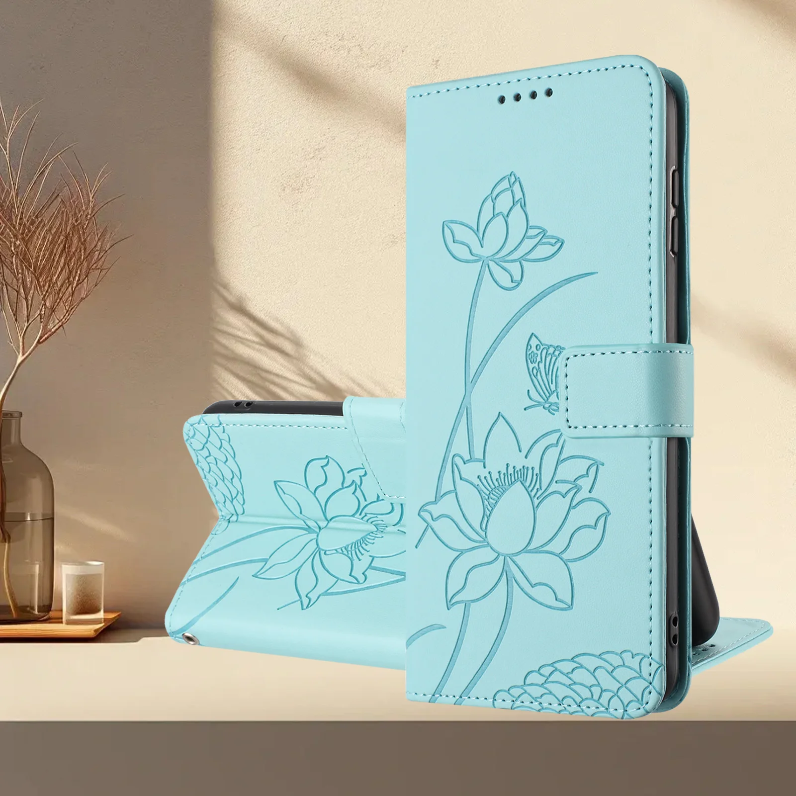 Floral Embossed Leather Wallet Phone Case Cover