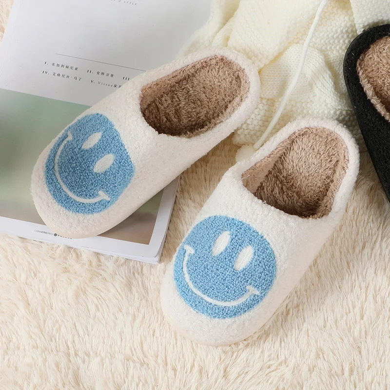 Women's and men's big smiling face pattern fur slippers, home slippers, autumn warm plush slippers, bedroom cotton shoes