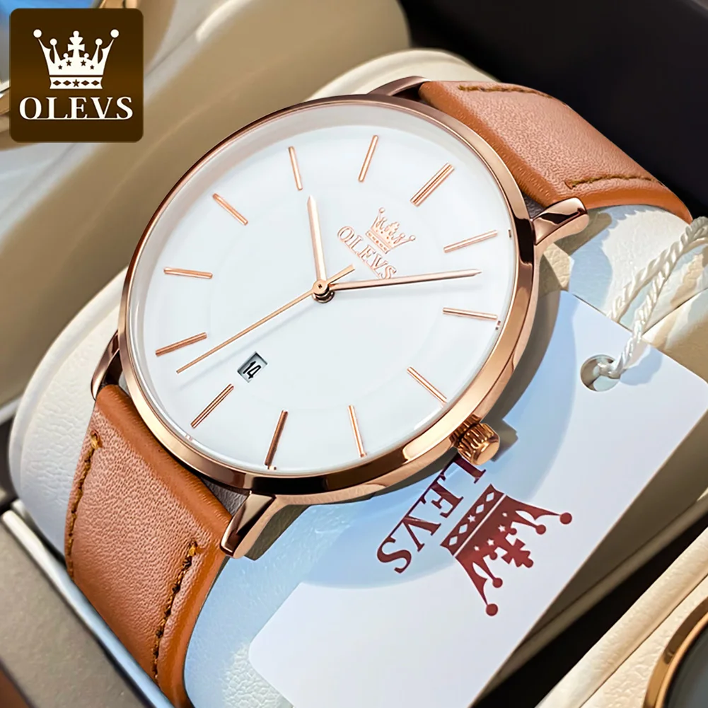 OLEVS Ultra Thin Quartz Watch with Leather Strap - Simple Luxury Men's Wristwatch