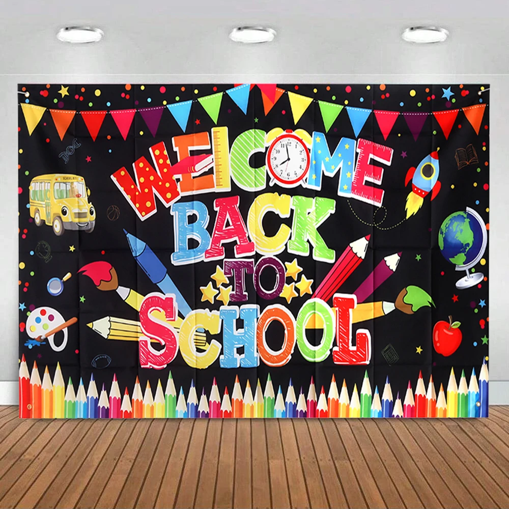 

Welcome Back to School Backdrop Banner Crayon Flags Globe Photography Background for Children First Day Classroom Party Decorati