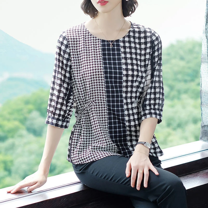 Summer New Vintage Plaid Patchwork Casual Blouse Female Shirring Lace Up Half Sleep Pullover Tops Women Fashion Chiffon Shirt