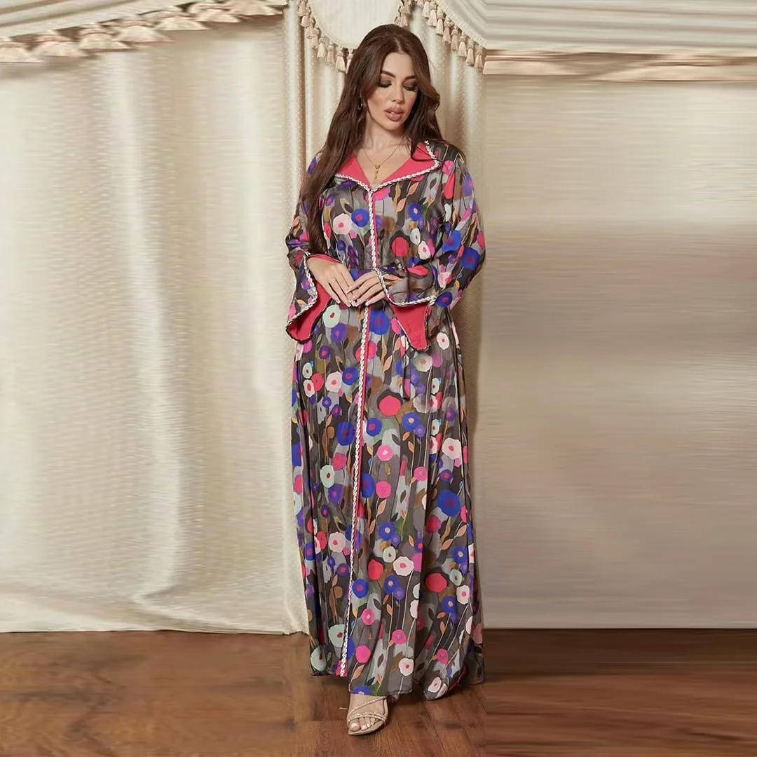 Fashion Printing Moroccan Women Jalabiyat Chic Rhinestone Full Sleeve V-Neck Elegant Turkish Long Dress for Female Muslim Dress