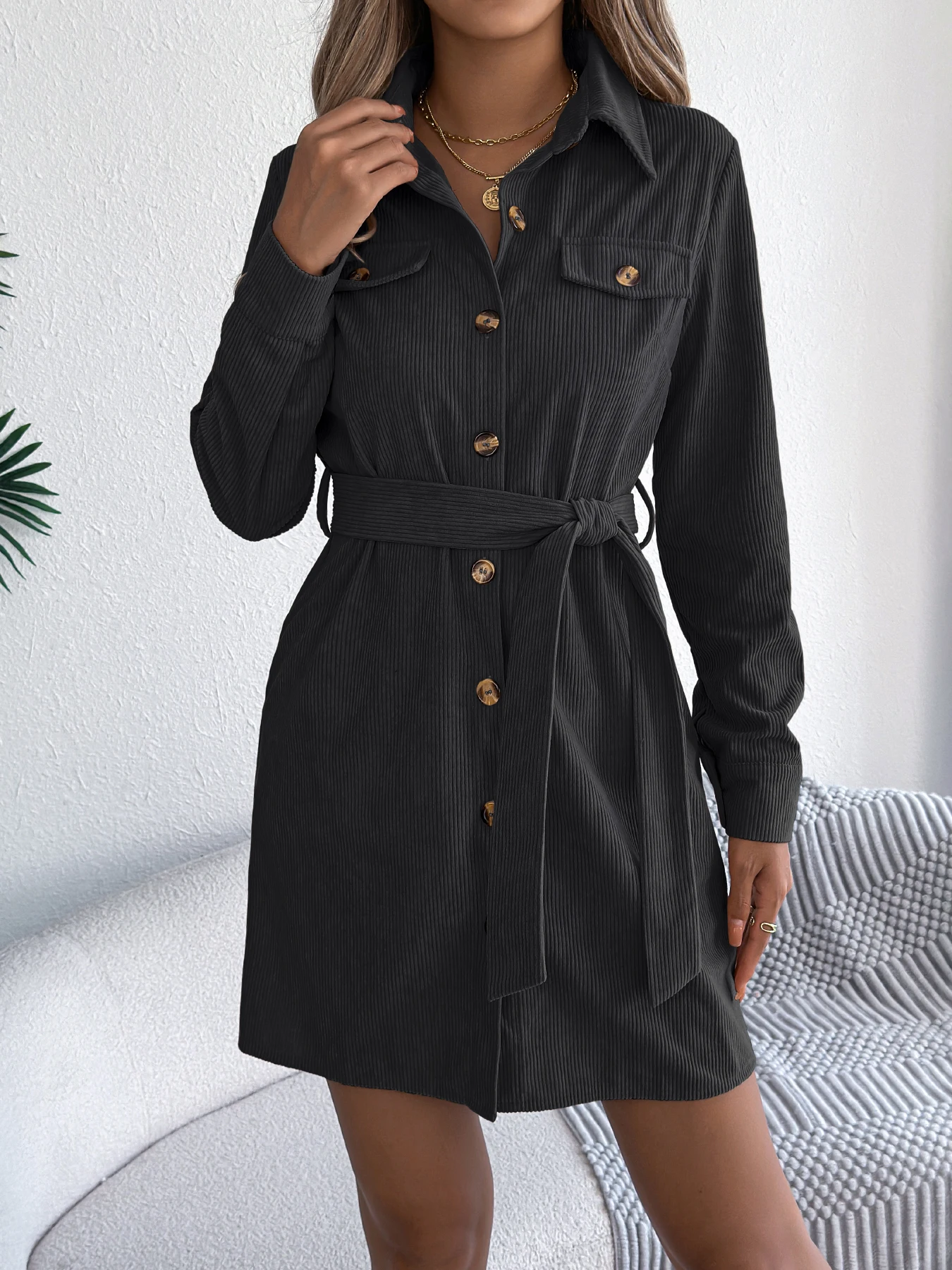Corduroy Lace Up Dress for Women Autumn Winter