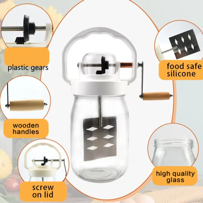 Multifunctional Butter Churn Household Hand Crank Butter Churn Kitchen Baking Gadget Cream Churn 1.5L Mason Jar 4