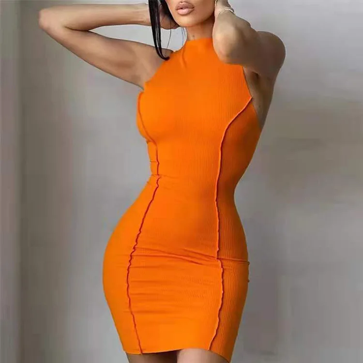 

Women Fashion Sexy Stretch Slim Mini Dress Vintage Elegant High Neck Sleeveless Dresses Party Tank Vestidos Chic Lady Clothing