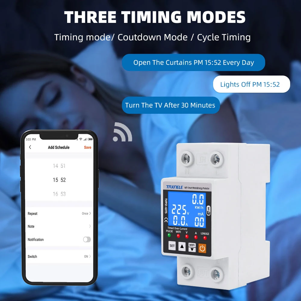 TUYA WiFi Smart Over Under Voltage Protector Timed Over Current Relay Switch Circuit Breaker Energy Power Bidirectional Meter