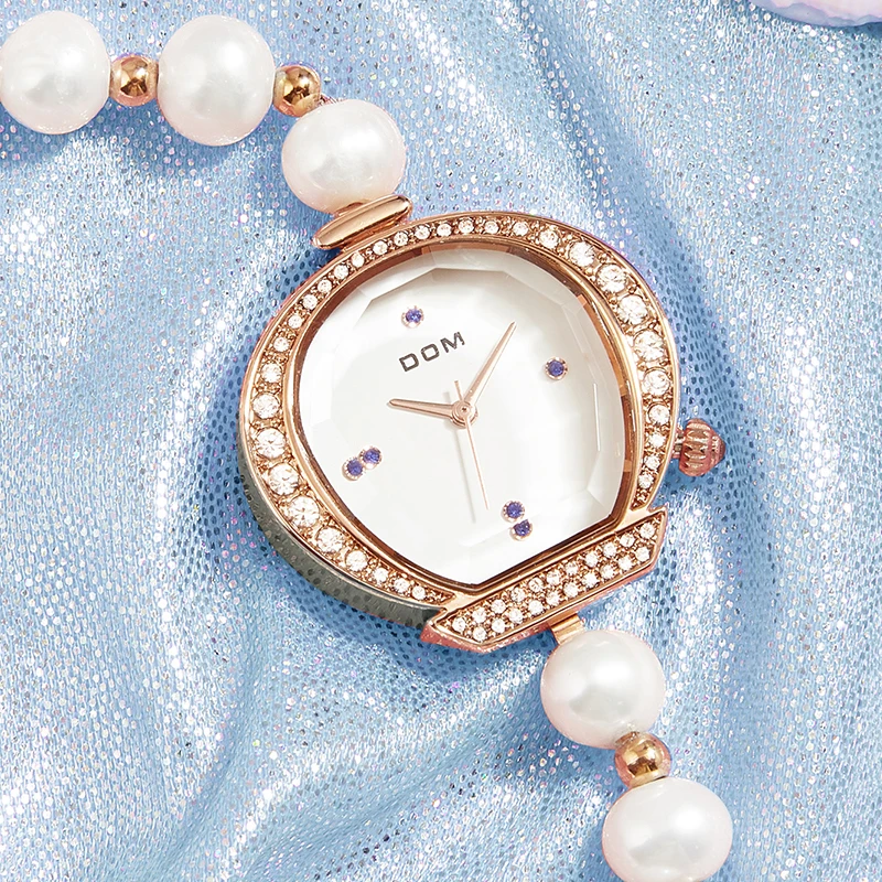 DOM Women's Pearl Bracelet Watch Luxury Diamond Crystal Watch Fashion Quartz women's watch Ladies Gift G-1585G-7M