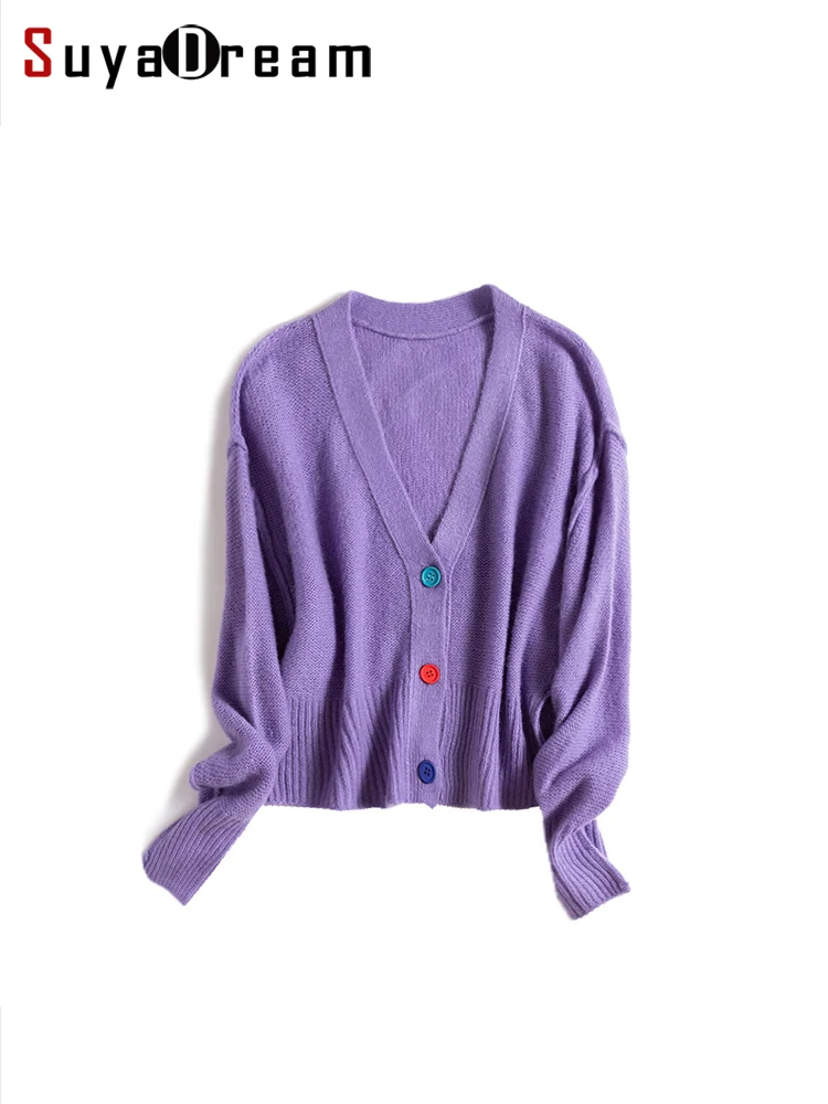 

SuyaDream Mohair Cardigans For Woman, V Neck, Dropped Sleeves Sweaters, 2023 Fall Winter Warm Jackets, Purple, Pink