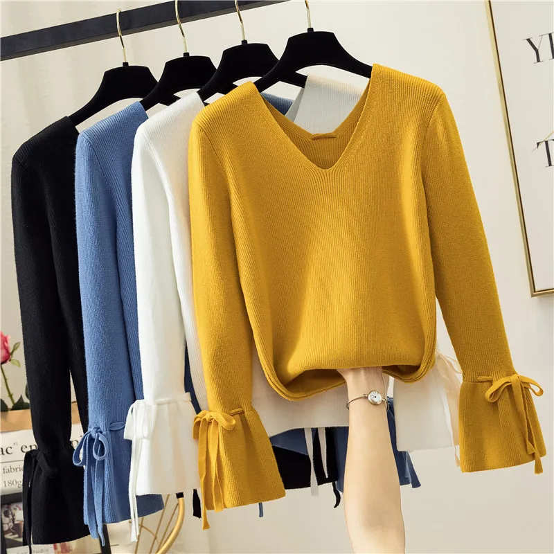 

Sweet Style Knitted Women Sweater Pullovers Autumn New Design Flare Sleeved V-Neck Bandage Female Pulls Outwear Coats Tops