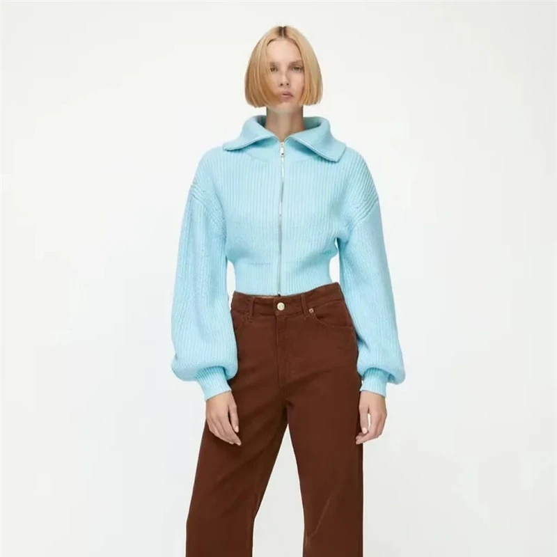 

Temperament Elegant Long Sleeve Knitted Jumpers Women 2022 Autumn Winter New High Street Lapel Zipper Short Sweaters Female Coat