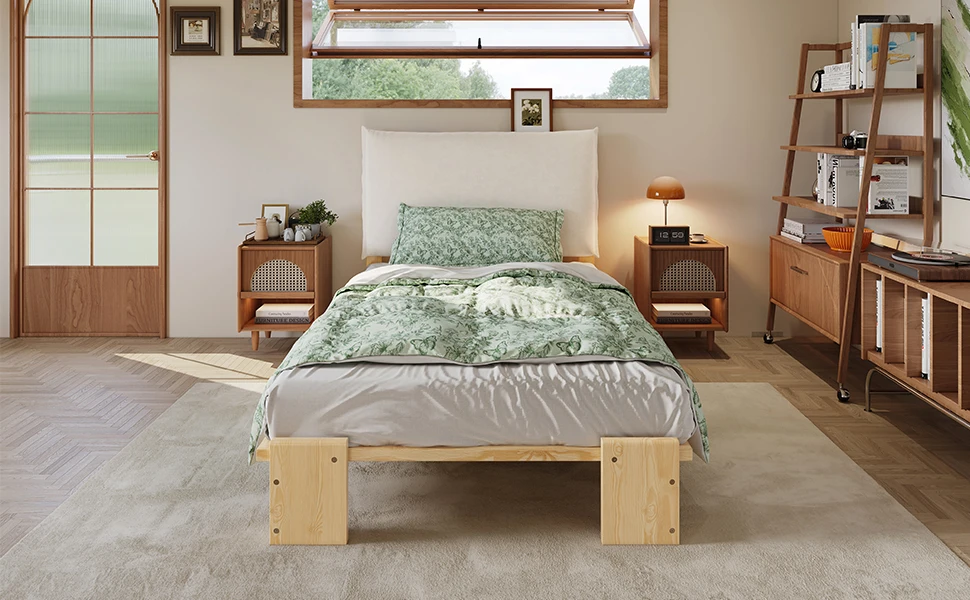 Polsterbett, Einzelbett, Kinderbett, gepolstertes Kopfteil mit Klettverschluss, stabile Lattenroste, breitere Bettbeine, naturfarben – Detail 7