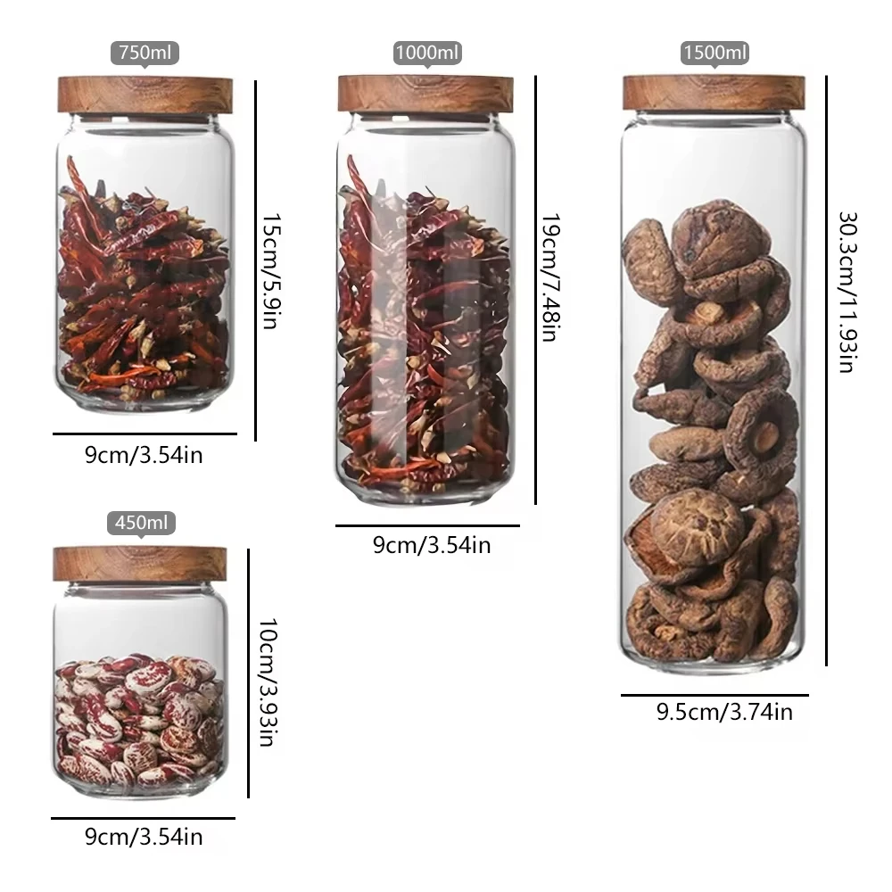 1Pcs Glass Food Storage Jars,Food Containers with Airtight Bamboo Wooden Lid for Cookies,Nuts,Coffee Beans,Cereal,Glass Canister 6