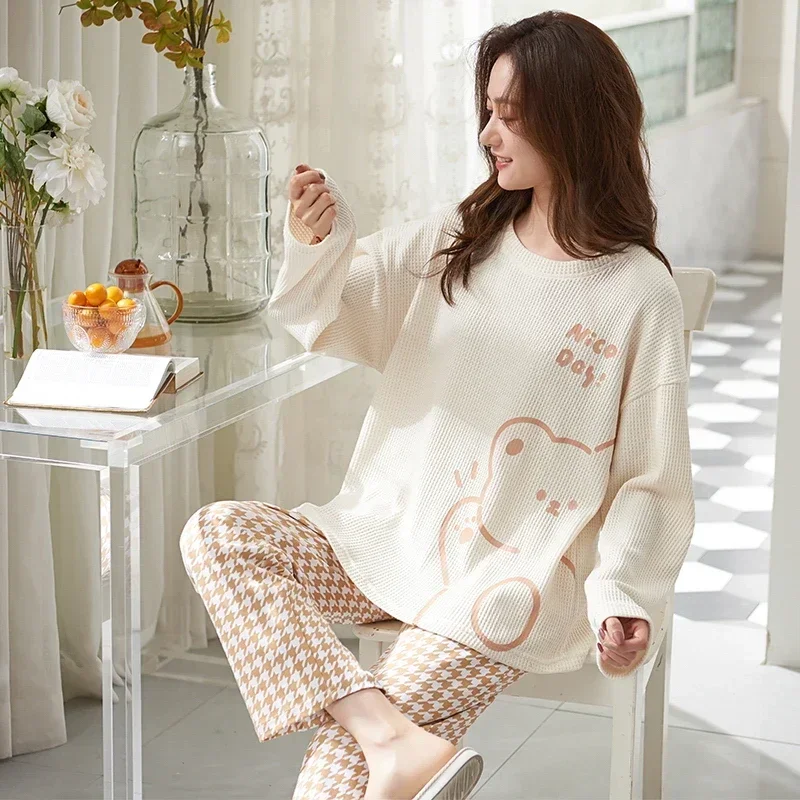 thumbnail image 1 of SUKAE-Conjunto de Pijamas de algodón para Mujer, ropa de dormir informal de manga larga, estilo minimalista, Otoño e Invierno, 1 of 5