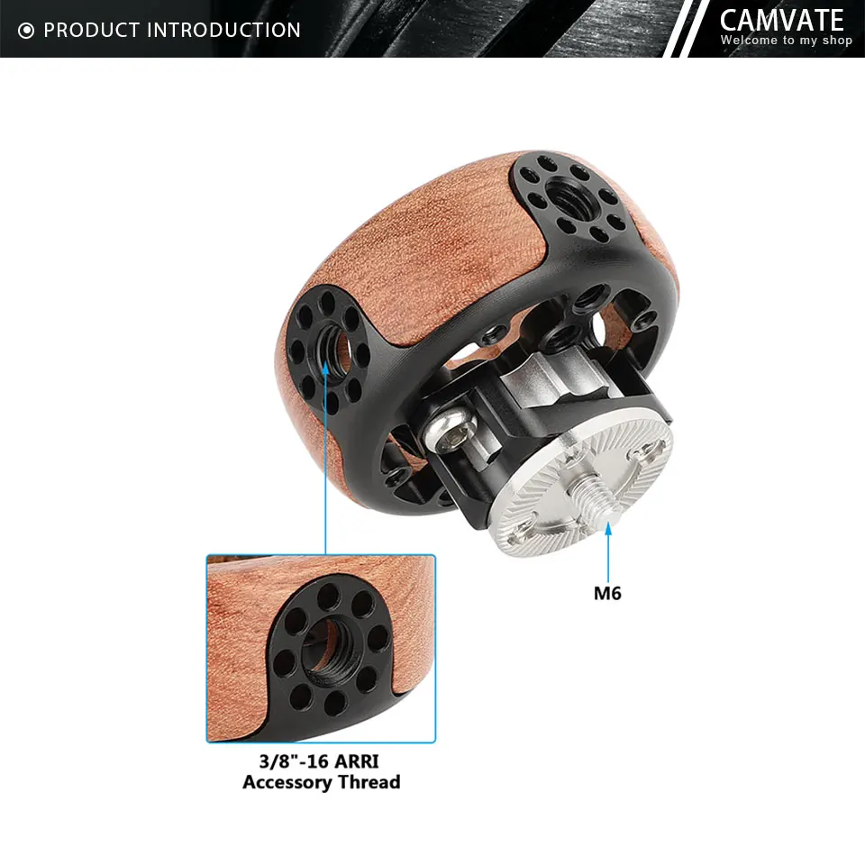 Round Camera Wooden Handgrip with ARRI Rosette M6 Thread Mount & 3/8"-16 ARRI Ac