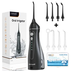 Mornwell Portable USB Rechargeable Water Flosser with 4 Nozzles and 200ml Tank - Waterproof Oral Irrigator (Black Set 2)