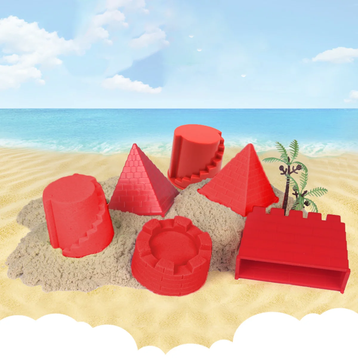 4pcs Kids Beach Toys Set Pyramid Castle Sand Play Set Sandbox Toys Creative Sand Tools Kit Sand Molds for Girls and Boys (Red) 4