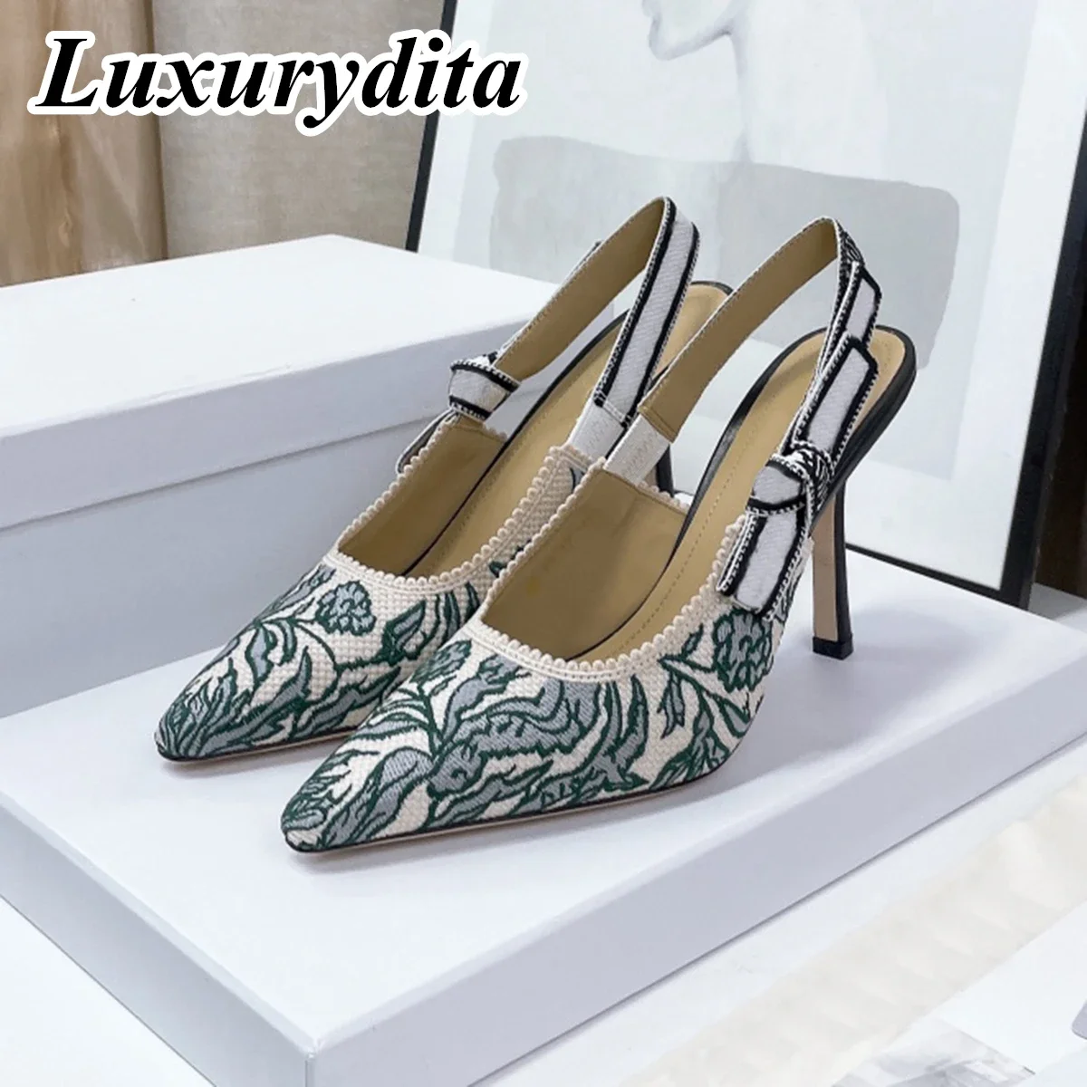 

LUXURYDITA Luxury Womens High Heel Sandal Casual Lace Fashion Embroidered Muller Flat Shoes Designer Silk Leather Soled XY90