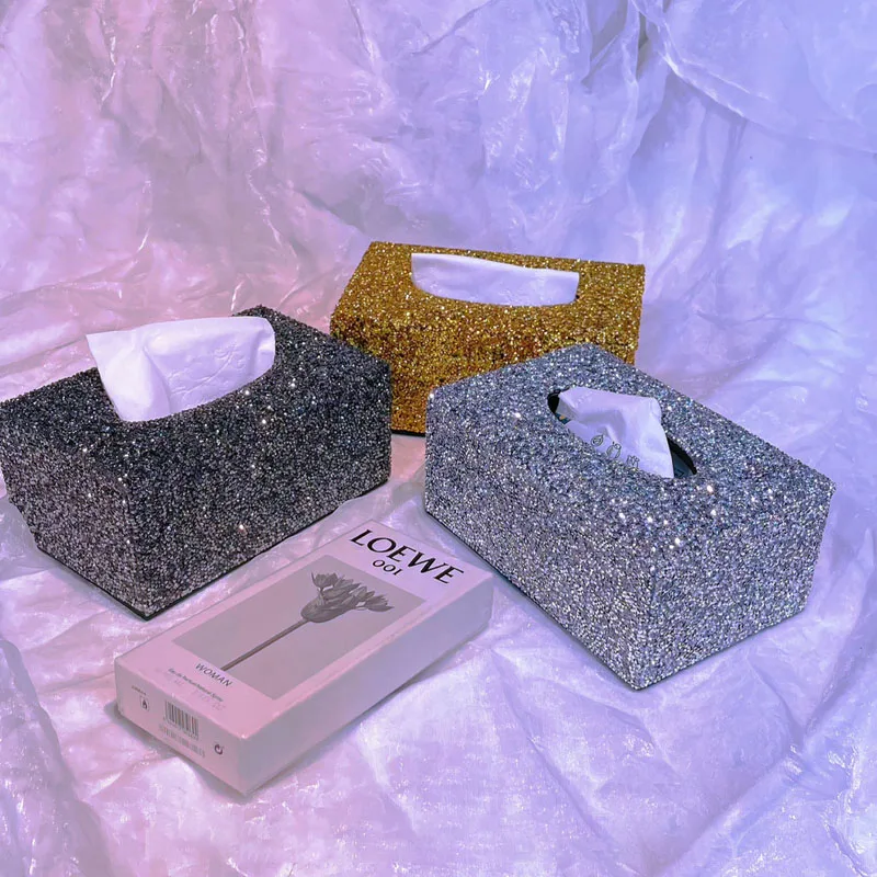 Luxury Diamond Tissue Box Holder Bling Car Napkin Dispenser Accessories Desktop Tissue Storage Box Home Decoration Ornaments 2