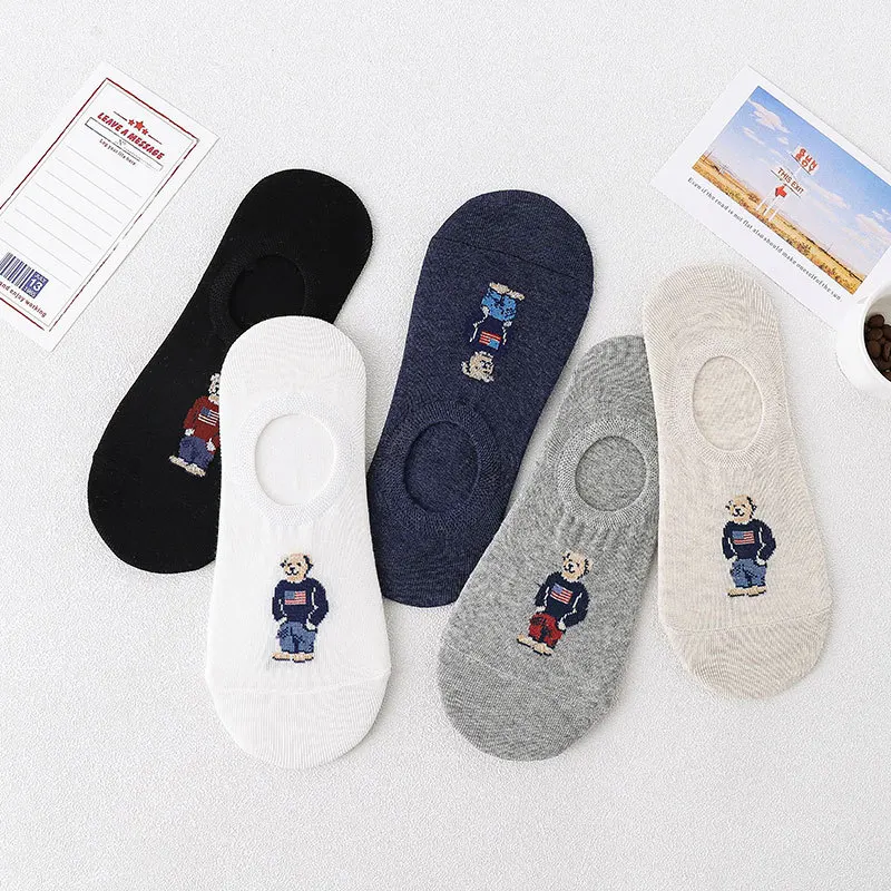 

5 Pairs of 5 Colors Spring and Summer New Love Bear Cotton Men and Women Thin Breathable Leisure Boat Socks Silicone Invisible