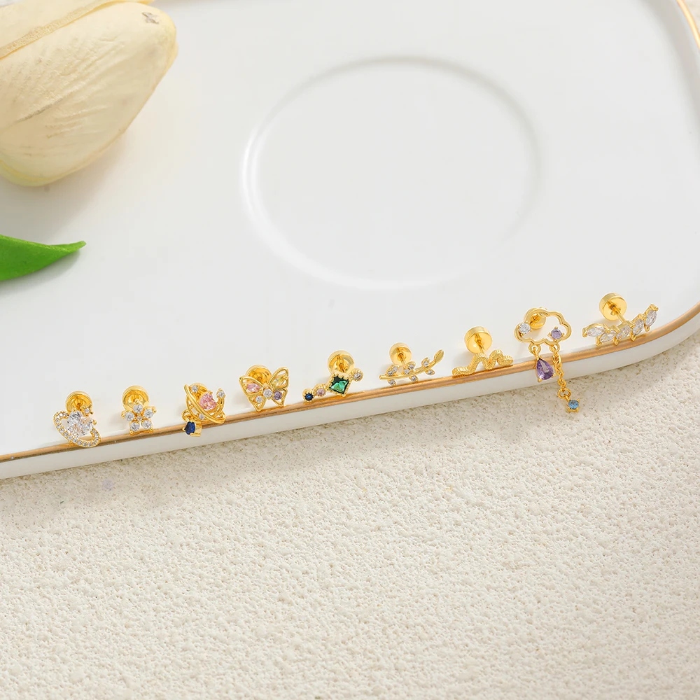 Personality Geometric CZ Zircon Navel Piercing Cute Mini Butterfly Flower Sparkle Crystal Stud Earrings Stainless Steel Jewelry