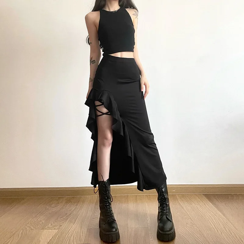 고딕 블랙 하이 웨이스트 바디콘 미드 스커트, E-Girl 펑크 러플 스플릿 A 라인 스커트, Y2K 패션, 여성 스트리트웨어 하의